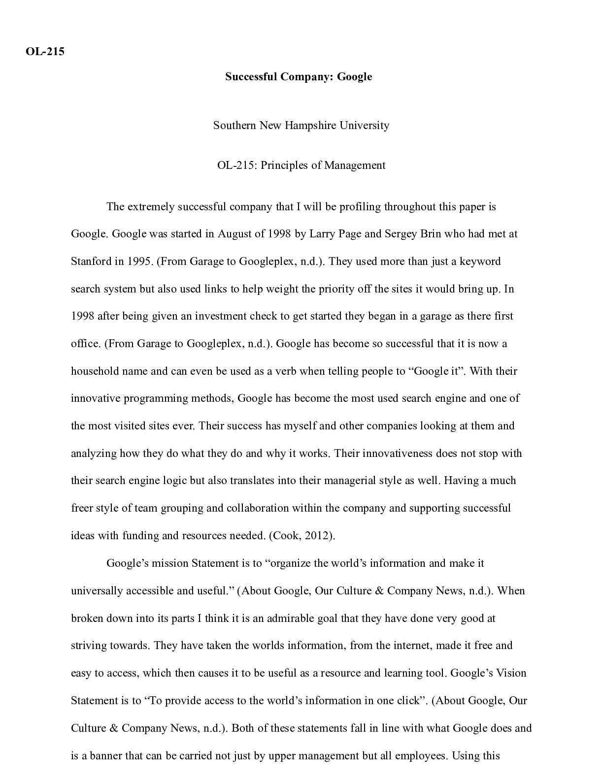 Preview image for Milestone 1| (1)  OL-215  Successful Company: Google  Southern New Hampshire Universit